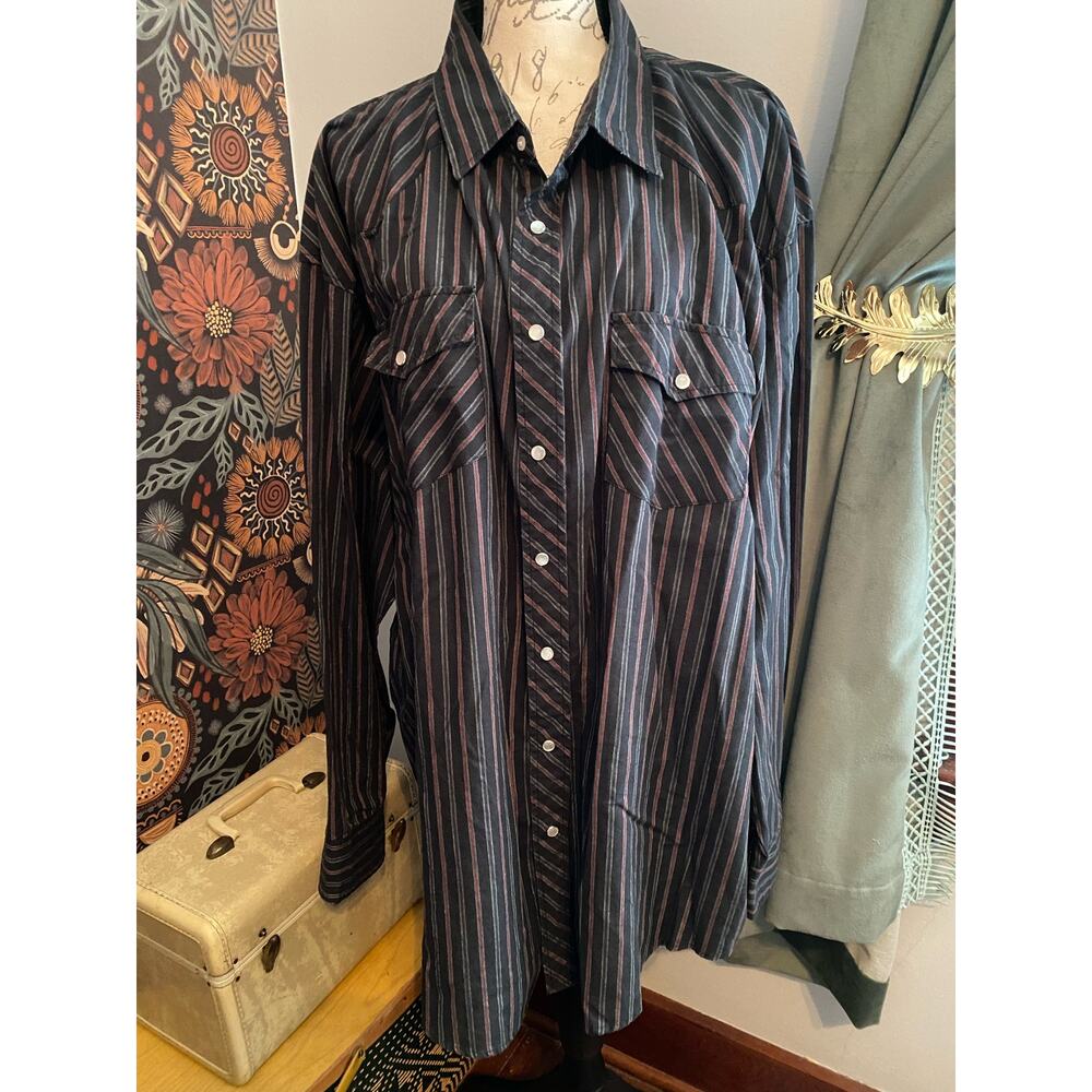 Vintage Pearl Snap Trailblazer 3XL Tall Black & Red Striped Western Shirt